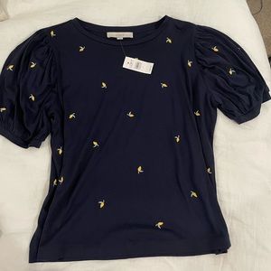 LOFT Navy Lemon Puff Sleeve Cropped Top